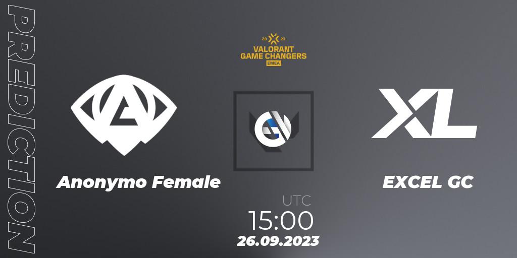 Prognose für das Spiel Anonymo Female VS EXCEL GC. 26.09.2023 at 15:00. VALORANT - VCT 2023: Game Changers EMEA Stage 3 - Group Stage