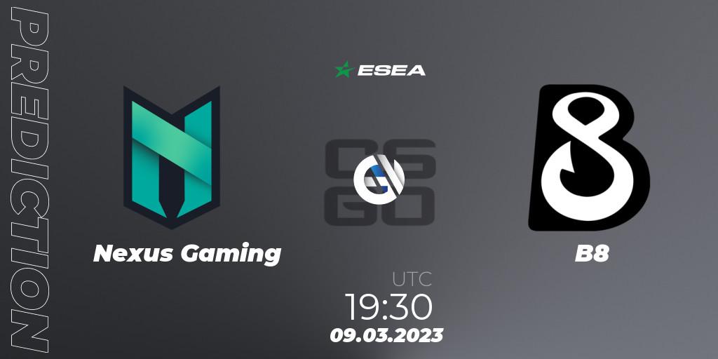 Prognose für das Spiel Nexus Gaming VS B8. 09.03.2023 at 18:30. Counter-Strike (CS2) - ESEA Season 44: Advanced Division - Europe