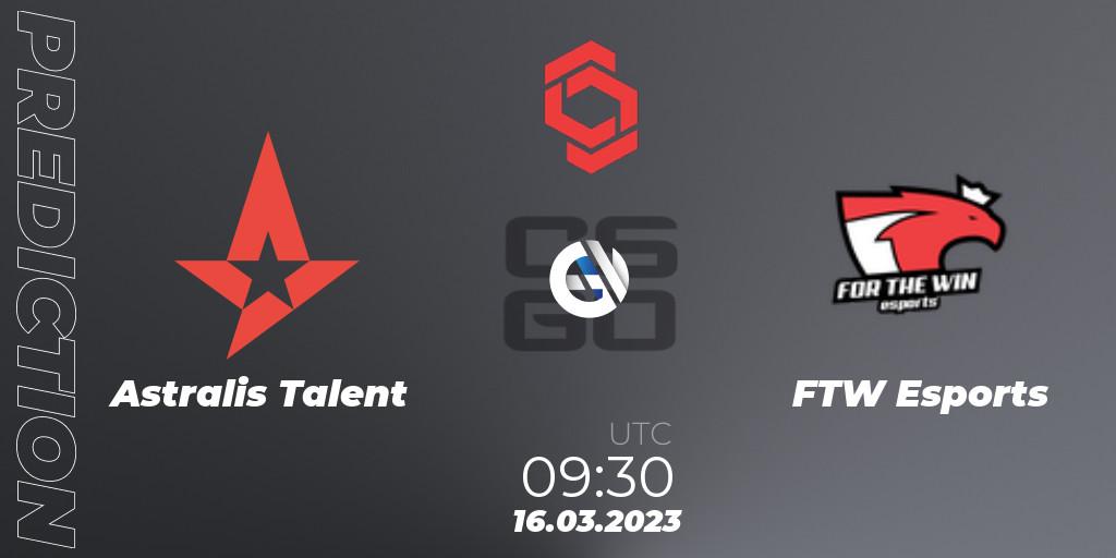 Prognose für das Spiel Astralis Talent VS FTW Esports. 16.03.2023 at 09:30. Counter-Strike (CS2) - CCT Central Europe Series 5 Closed Qualifier