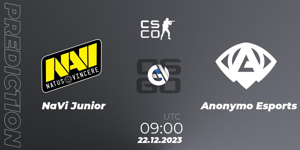 Prognose für das Spiel NaVi Junior VS Anonymo Esports. 22.12.2023 at 09:00. Counter-Strike (CS2) - European Pro League Season 13: Division 2