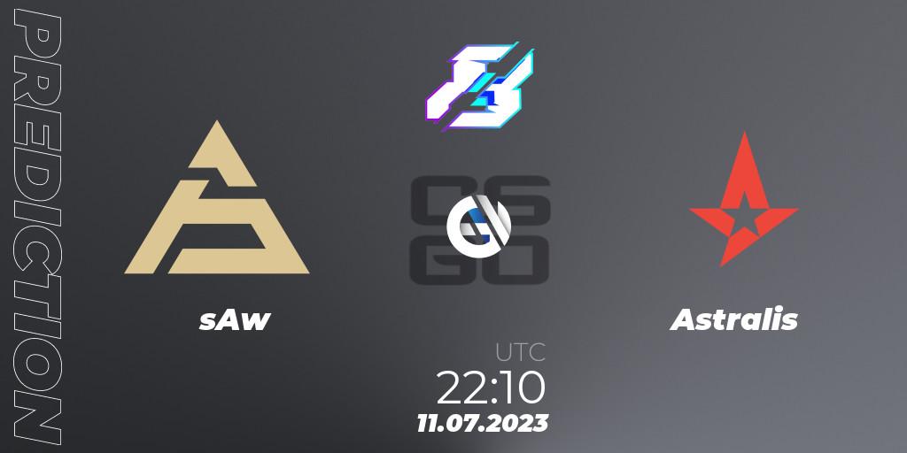 Prognose für das Spiel sAw VS Astralis. 11.07.2023 at 22:10. Counter-Strike (CS2) - Gamers8 2023 Europe Open Qualifier 2