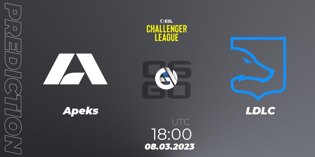 Prognose für das Spiel Apeks VS LDLC. 14.03.2023 at 15:00. Counter-Strike (CS2) - ESL Challenger League Season 44: Europe