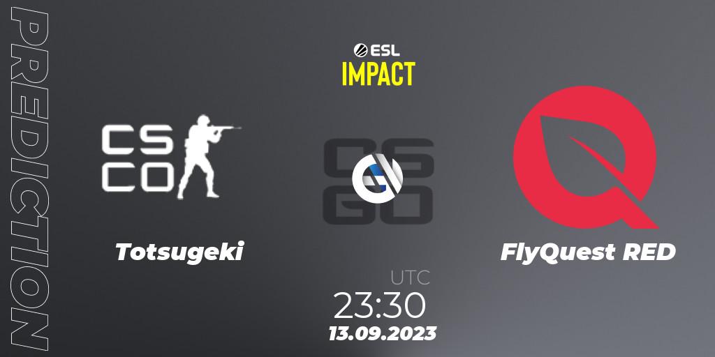 Prognose für das Spiel Totsugeki VS FlyQuest RED. 13.09.2023 at 23:30. Counter-Strike (CS2) - ESL Impact League Season 4: North American Division