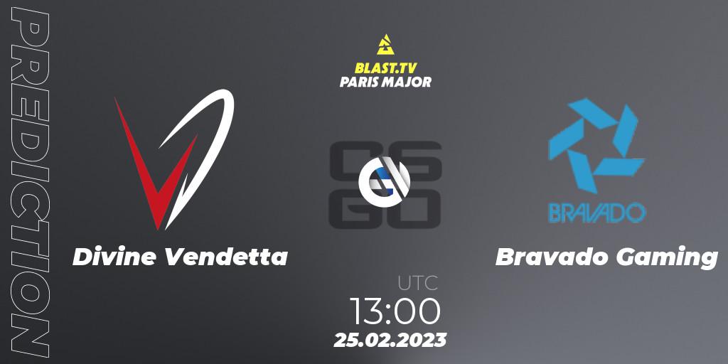 Prognose für das Spiel Divine Vendetta VS Bravado Gaming. 25.02.2023 at 13:00. Counter-Strike (CS2) - BLAST.tv Paris Major 2023 Middle East RMR Closed Qualifier