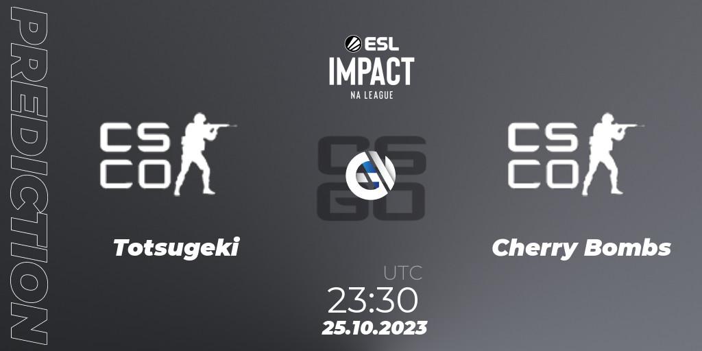 Prognose für das Spiel Totsugeki VS Cherry Bombs. 25.10.2023 at 23:30. Counter-Strike (CS2) - ESL Impact League Season 4: North American Division