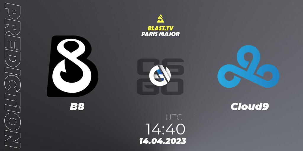 Prognose für das Spiel B8 VS Cloud9. 14.04.2023 at 15:15. Counter-Strike (CS2) - BLAST.tv Paris Major 2023 Challengers Stage Europe Last Chance Qualifier