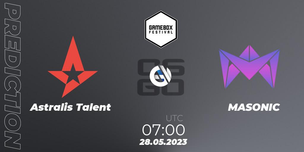 Prognose für das Spiel Astralis Talent VS MASONIC. 28.05.2023 at 07:00. Counter-Strike (CS2) - Gamebox Invitational 2023