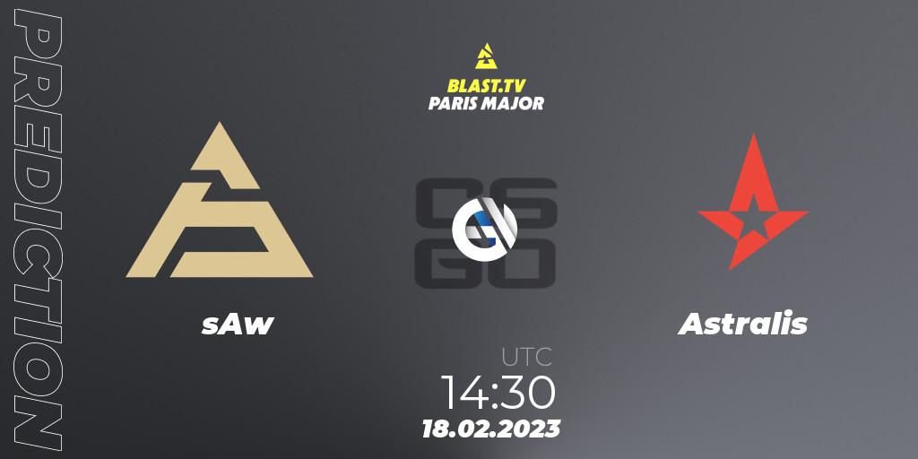 Prognose für das Spiel sAw VS Astralis. 18.02.2023 at 14:30. Counter-Strike (CS2) - BLAST.tv Paris Major 2023 Europe RMR Closed Qualifier A