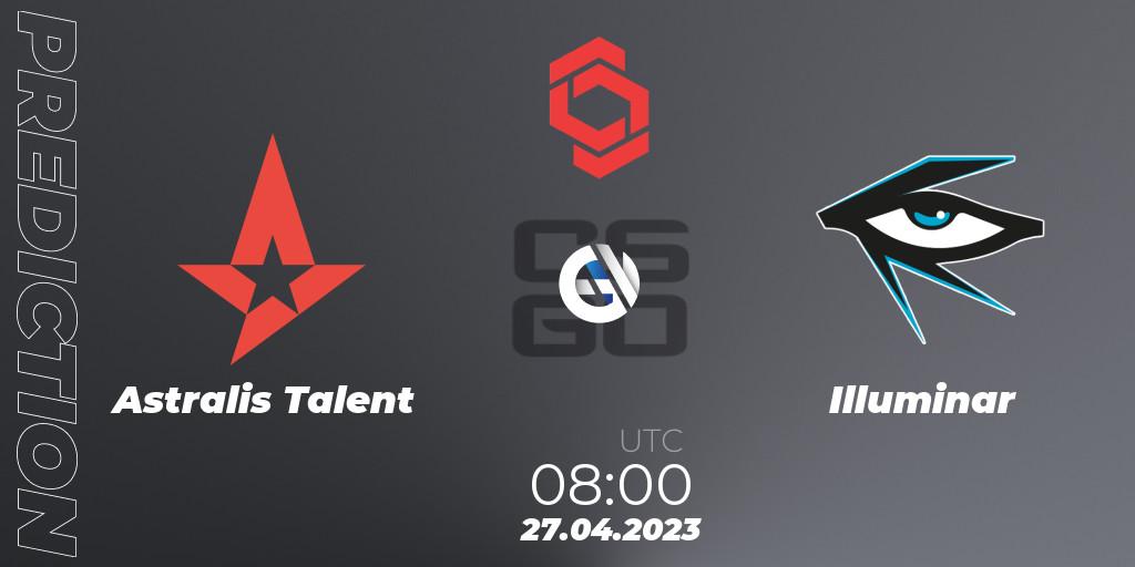 Prognose für das Spiel Astralis Talent VS Illuminar. 27.04.2023 at 08:00. Counter-Strike (CS2) - CCT Central Europe Series #6