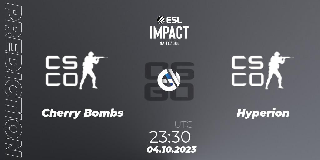 Prognose für das Spiel Cherry Bombs VS Hyperion. 04.10.2023 at 23:30. Counter-Strike (CS2) - ESL Impact League Season 4: North American Division