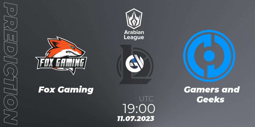 Prognose für das Spiel Fox Gaming VS Gamers and Geeks. 11.07.2023 at 19:00. LoL - Arabian League Summer 2023 - Group Stage