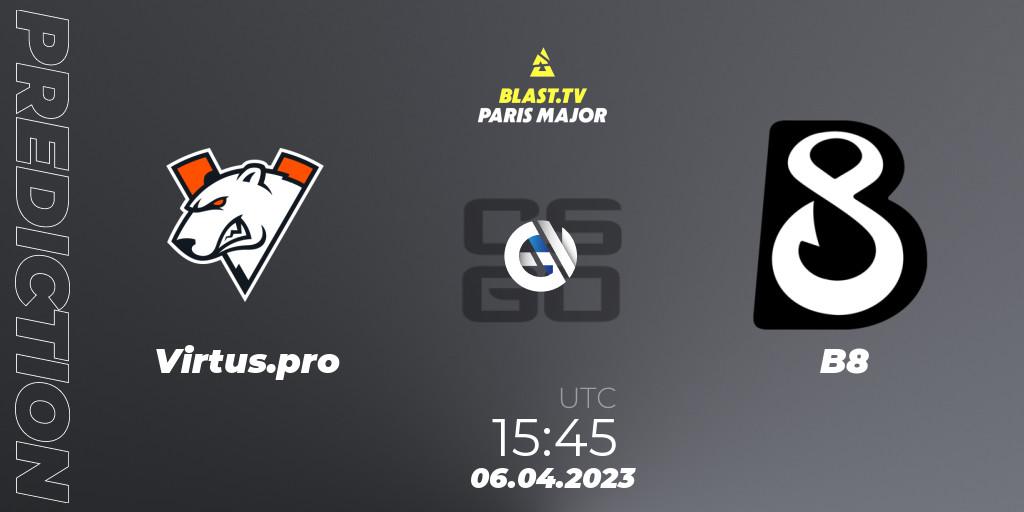 Prognose für das Spiel Virtus.pro VS B8. 06.04.2023 at 15:15. Counter-Strike (CS2) - BLAST.tv Paris Major 2023 Europe RMR A