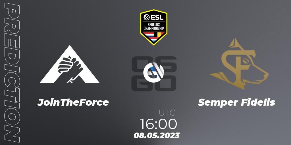 Prognose für das Spiel JoinTheForce VS Semper Fidelis. 08.05.2023 at 16:00. Counter-Strike (CS2) - ESL Benelux Championship Spring 2023