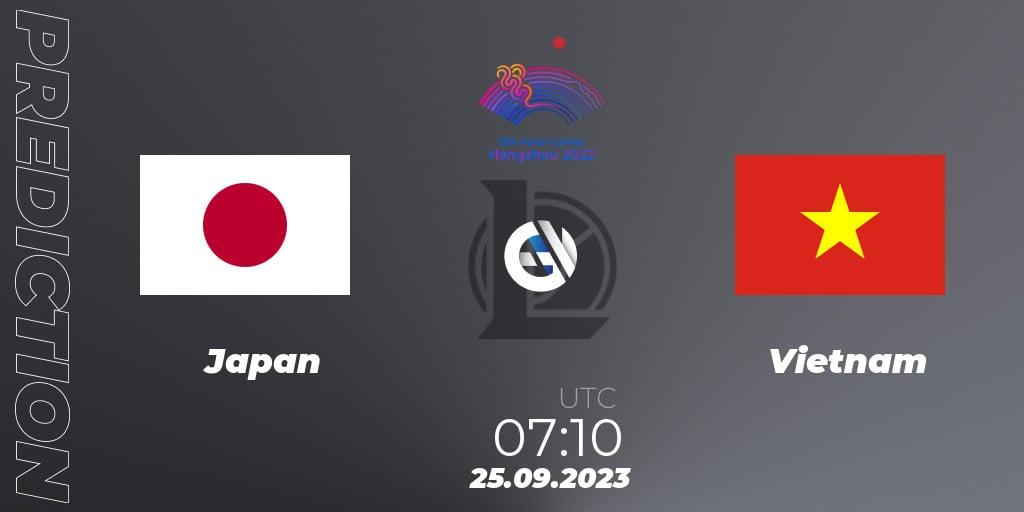 Prognose für das Spiel Japan VS Vietnam. 25.09.2023 at 07:10. LoL - 2022 Asian Games