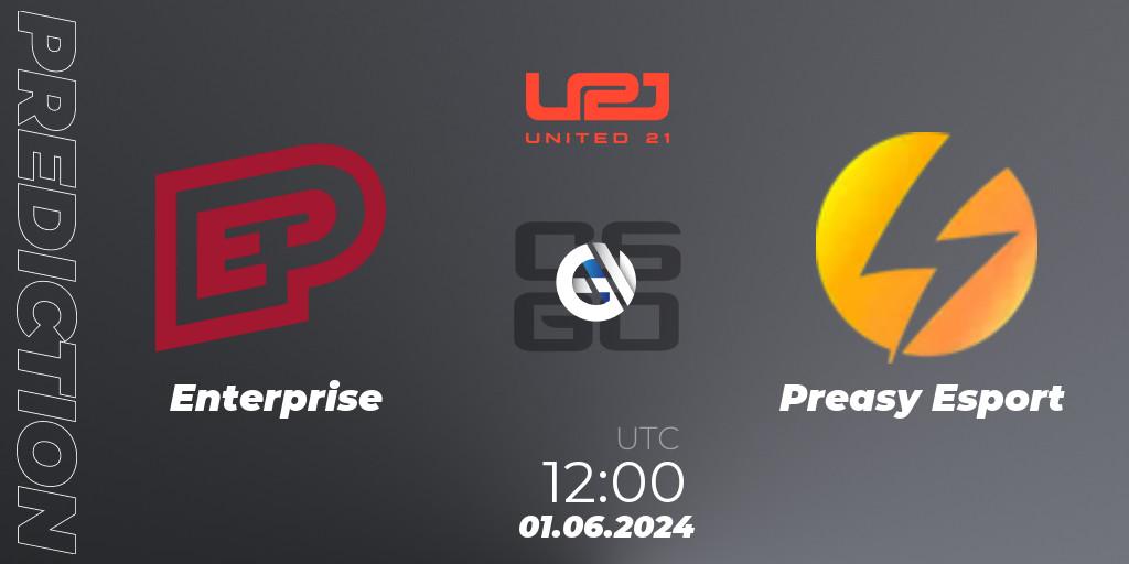 Prognose für das Spiel Enterprise VS Preasy Esport. 01.06.2024 at 12:00. Counter-Strike (CS2) - United21 Season 16