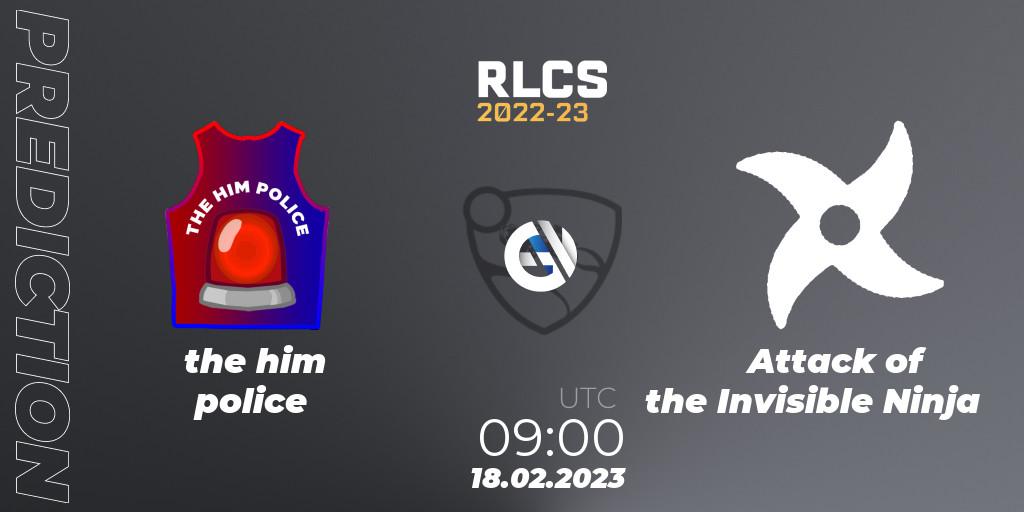 Prognose für das Spiel the him police VS Attack of the Invisible Ninja. 18.02.2023 at 09:00. Rocket League - RLCS 2022-23 - Winter: Oceania Regional 2 - Winter Cup
