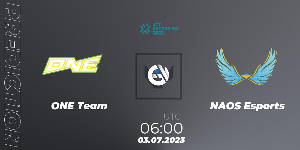 Prognose für das Spiel ONE Team VS NAOS Esports. 03.07.2023 at 06:00. VALORANT - VALORANT Challengers Ascension 2023: Pacific - Group Stage