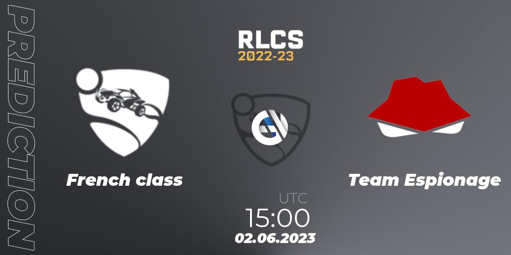 Prognose für das Spiel French class VS Team Espionage. 09.06.2023 at 15:00. Rocket League - RLCS 2022-23 - Spring: Sub-Saharan Africa Regional 3 - Spring Invitational