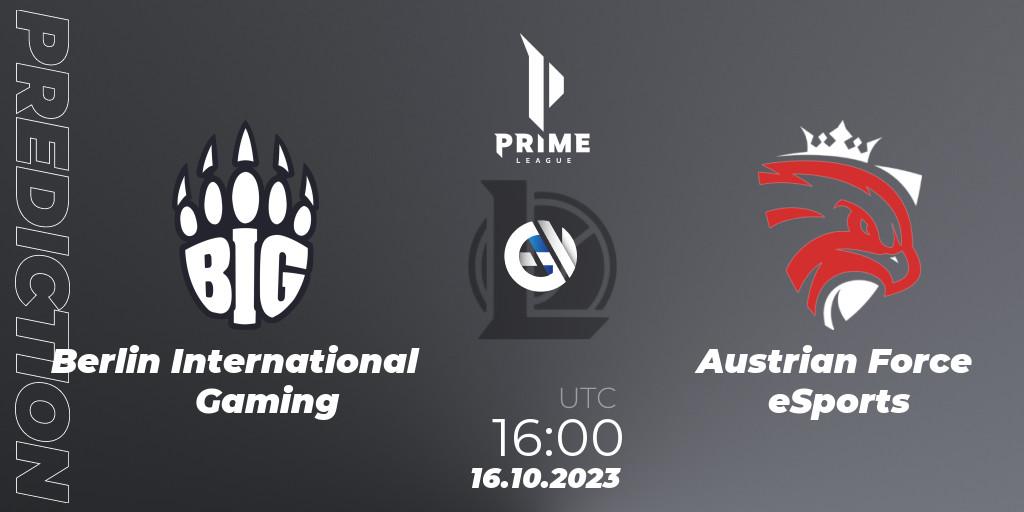 Prognose für das Spiel Berlin International Gaming VS Austrian Force eSports. 16.10.2023 at 16:00. LoL - Prime League Pokal 2023