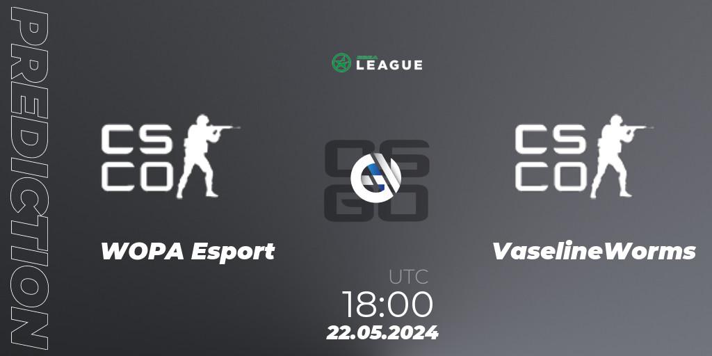 Prognose für das Spiel WOPA Esport VS VaselineWorms. 22.05.2024 at 18:00. Counter-Strike (CS2) - ESEA Season 49: Advanced Division - Europe