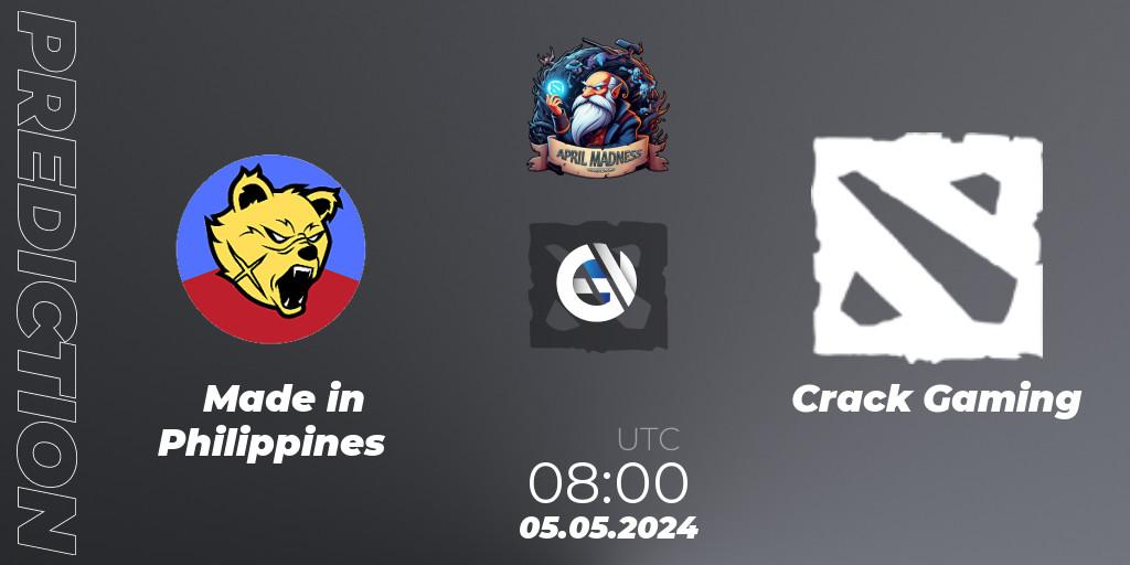 Prognose für das Spiel Made in Philippines VS Crack Gaming. 06.05.2024 at 10:00. Dota 2 - April Madness: Dota 2 Championship