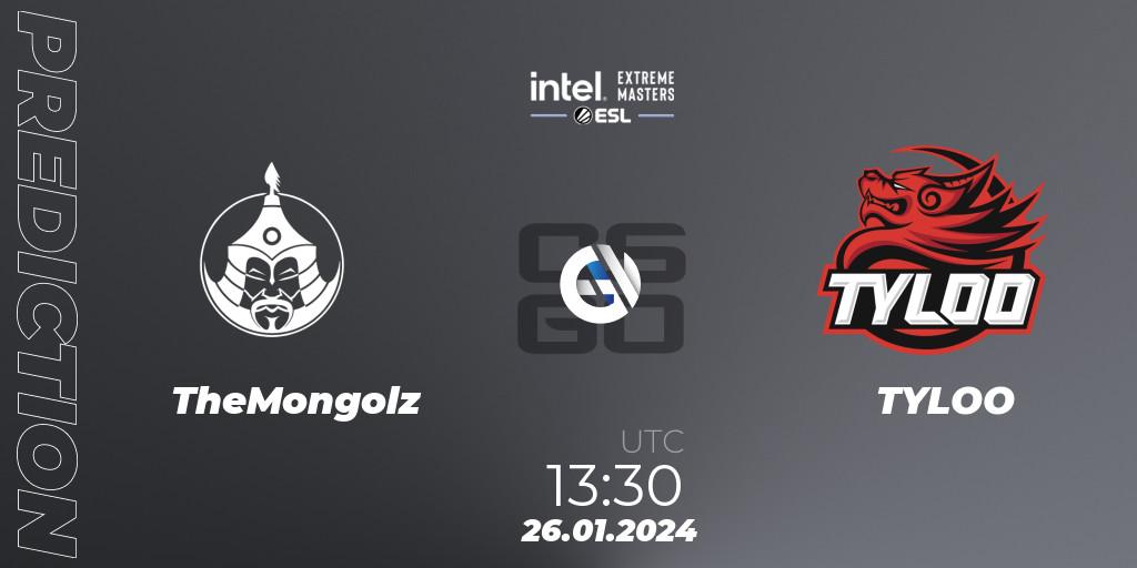 Prognose für das Spiel TheMongolz VS TYLOO. 26.01.2024 at 13:30. Counter-Strike (CS2) - Intel Extreme Masters China 2024: Asian Closed Qualifier