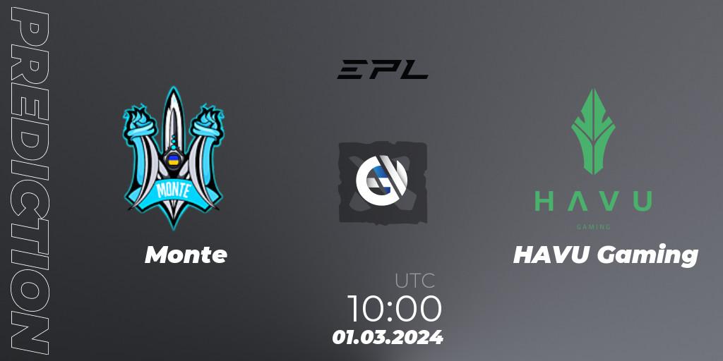 Prognose für das Spiel Monte VS HAVU Gaming. 01.03.2024 at 10:31. Dota 2 - European Pro League Season 17: Division 2