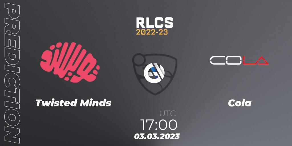Prognose für das Spiel Twisted Minds VS Cola. 03.03.2023 at 17:00. Rocket League - RLCS 2022-23 - Winter: Middle East and North Africa Regional 3 - Winter Invitational