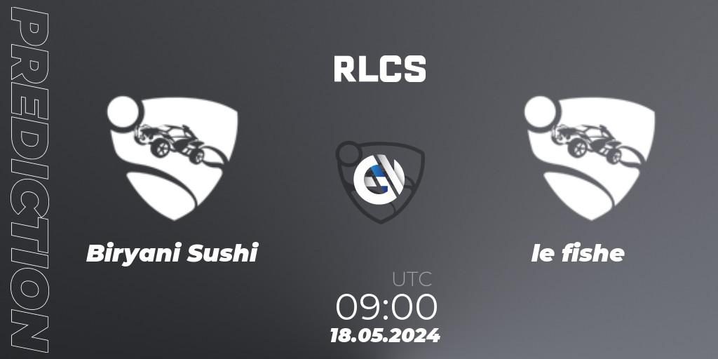 Prognose für das Spiel Biryani Sushi VS le fishe. 18.05.2024 at 09:00. Rocket League - RLCS 2024 - Major 2: APAC Open Qualifier 5