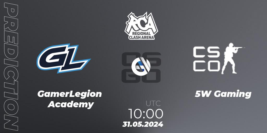 Prognose für das Spiel GamerLegion Academy VS 5W Gaming. 31.05.2024 at 10:00. Counter-Strike (CS2) - Regional Clash Arena Europe: Closed Qualifier