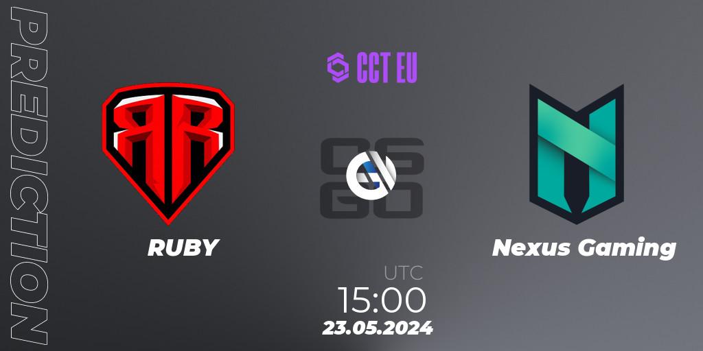 Prognose für das Spiel RUBY VS Nexus Gaming. 23.05.2024 at 15:05. Counter-Strike (CS2) - CCT Season 2 Europe Series 4