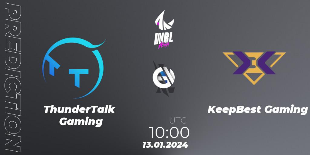 Prognose für das Spiel ThunderTalk Gaming VS KeepBest Gaming. 13.01.2024 at 10:00. Wild Rift - WRL Asia 2023 - Season 2: China Conference