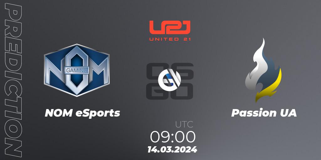 Prognose für das Spiel NOM eSports VS Passion UA. 14.03.2024 at 09:00. Counter-Strike (CS2) - United21 Season 13