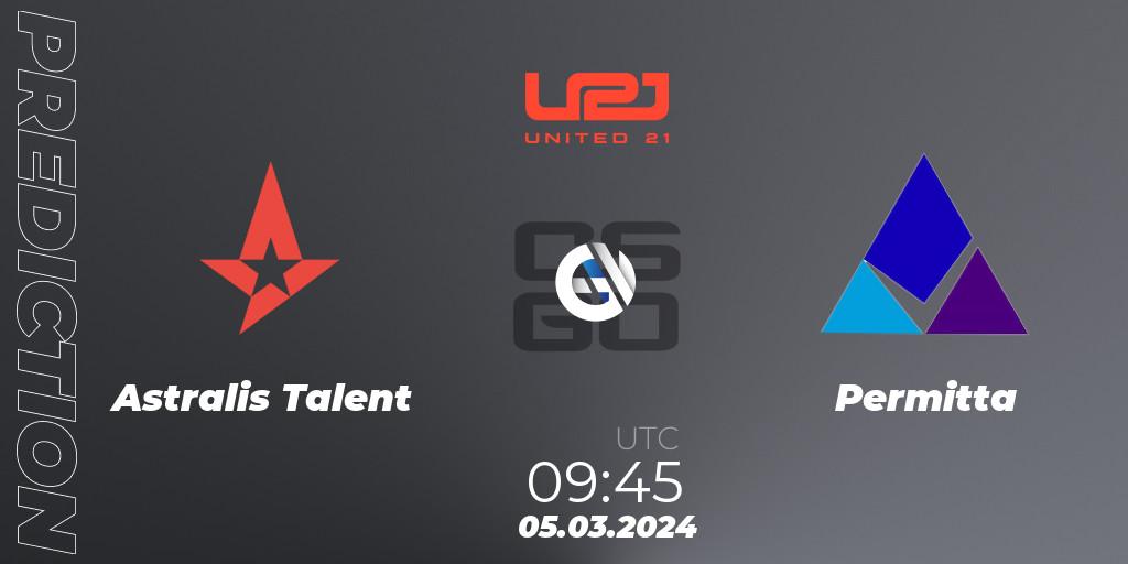 Prognose für das Spiel Astralis Talent VS Permitta. 05.03.2024 at 09:45. Counter-Strike (CS2) - United21 Season 12