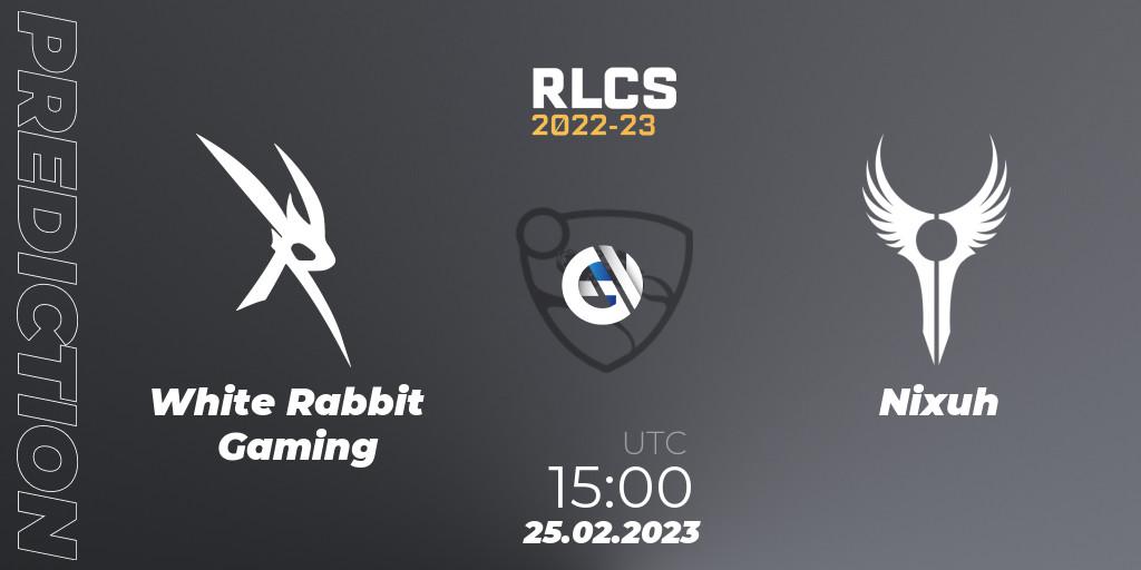 Prognose für das Spiel White Rabbit Gaming VS Nixuh. 25.02.2023 at 15:00. Rocket League - RLCS 2022-23 - Winter: Sub-Saharan Africa Regional 3 - Winter Invitational