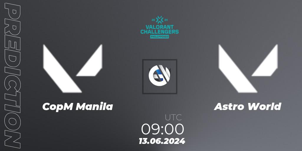 Prognose für das Spiel CopM Manila VS Astro World. 13.06.2024 at 09:00. VALORANT - VALORANT Challengers 2024 Philippines: Split 2
