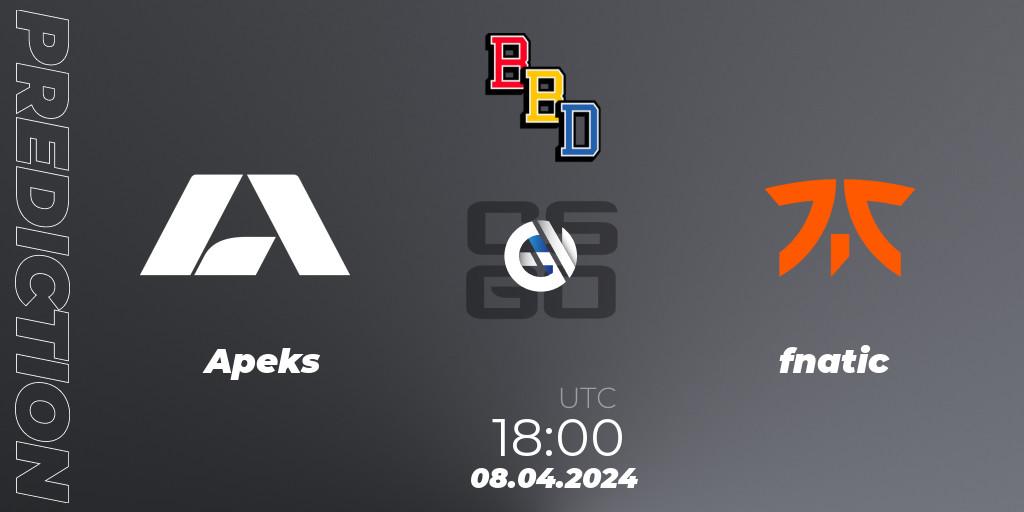 Prognose für das Spiel Apeks VS fnatic. 08.04.24. CS2 (CS:GO) - BetBoom Dacha Belgrade 2024: European Qualifier