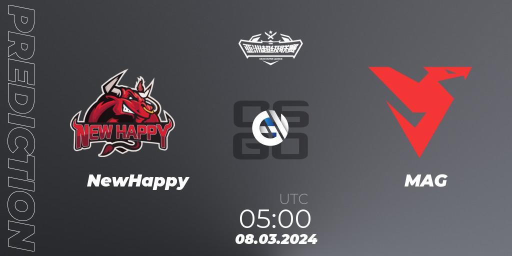Prognose für das Spiel NewHappy VS MAG. 08.03.2024 at 05:00. Counter-Strike (CS2) - Asian Super League Season 2