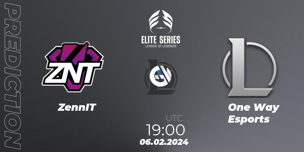 Prognose für das Spiel ZennIT VS One Way Esports. 06.02.2024 at 19:00. LoL - Elite Series Spring 2024