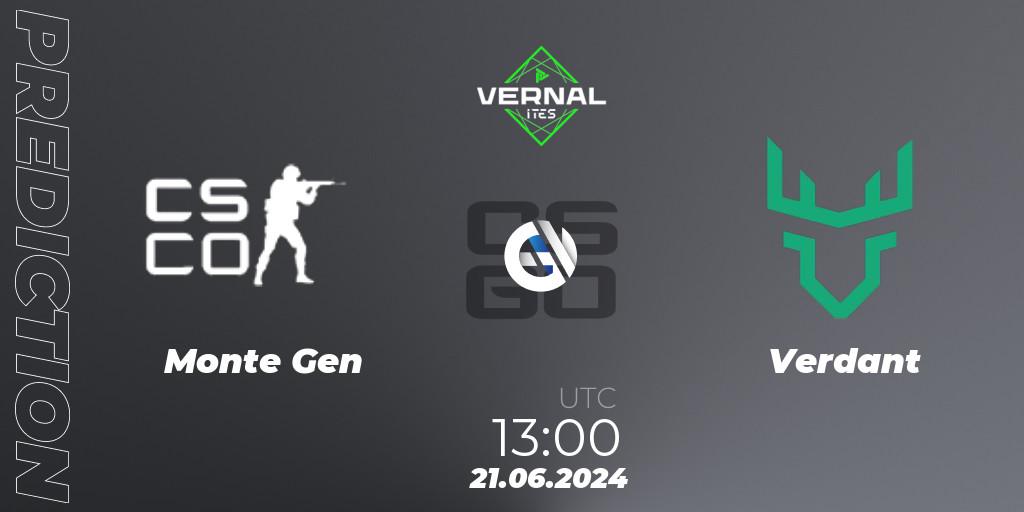 Prognose für das Spiel Monte Gen VS Verdant. 21.06.2024 at 13:00. Counter-Strike (CS2) - ITES Vernal