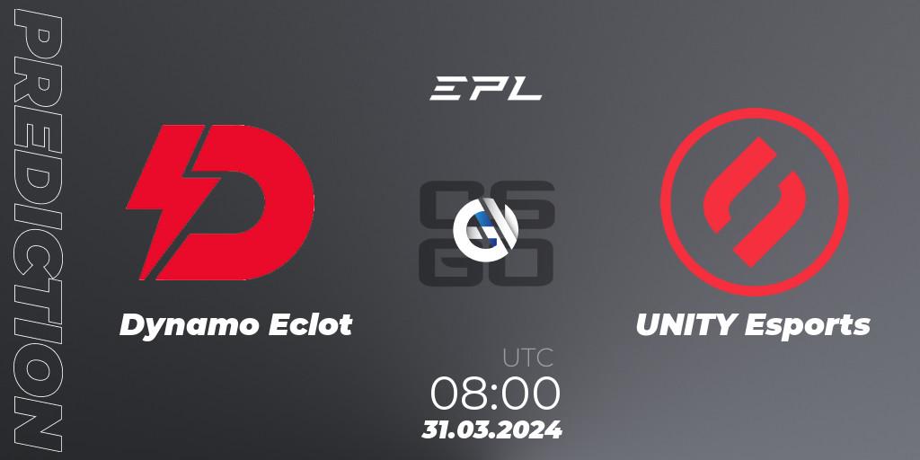 Prognose für das Spiel Dynamo Eclot VS UNITY Esports. 31.03.2024 at 09:00. Counter-Strike (CS2) - European Pro League Season 16: Division 2