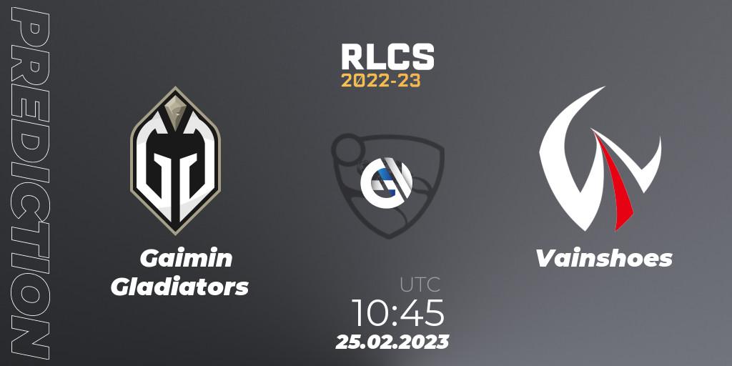 Prognose für das Spiel Gaimin Gladiators VS Vainshoes. 25.02.2023 at 10:45. Rocket League - RLCS 2022-23 - Winter: Asia-Pacific Regional 3 - Winter Invitational
