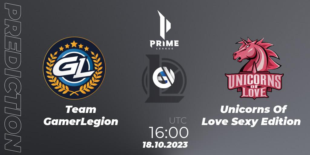 Prognose für das Spiel Team GamerLegion VS Unicorns Of Love Sexy Edition. 18.10.23. LoL - Prime League Pokal 2023