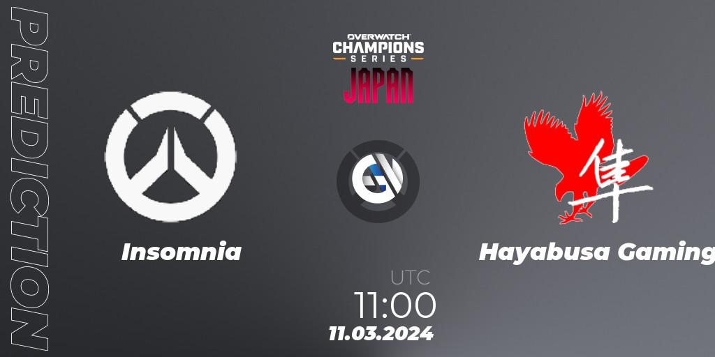 Prognose für das Spiel Insomnia VS Hayabusa Gaming. 11.03.2024 at 12:00. Overwatch - Overwatch Champions Series 2024 - Stage 1 Japan