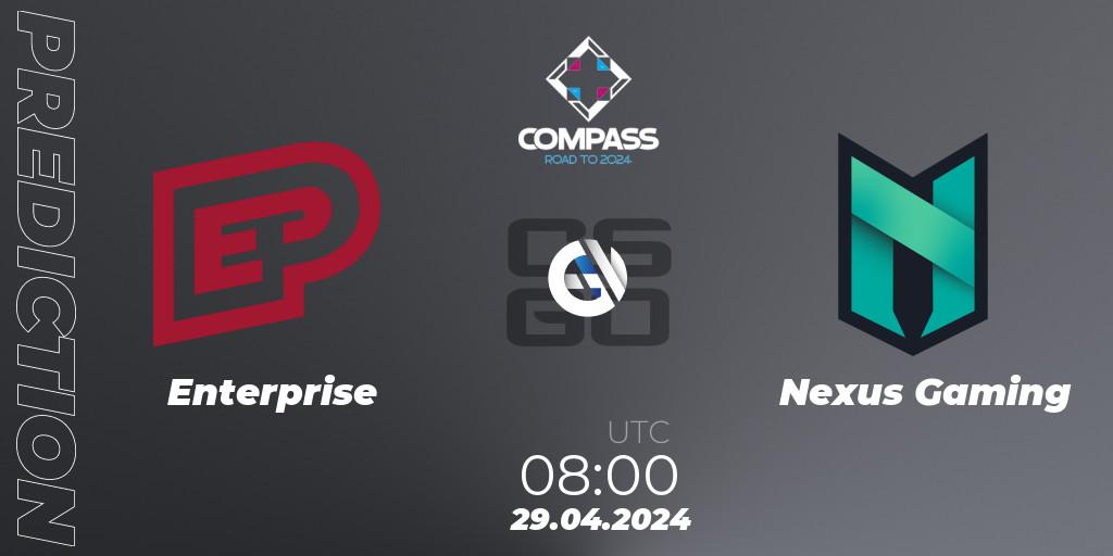 Prognose für das Spiel Enterprise VS Nexus Gaming. 29.04.2024 at 08:00. Counter-Strike (CS2) - YaLLa Compass Spring 2024
