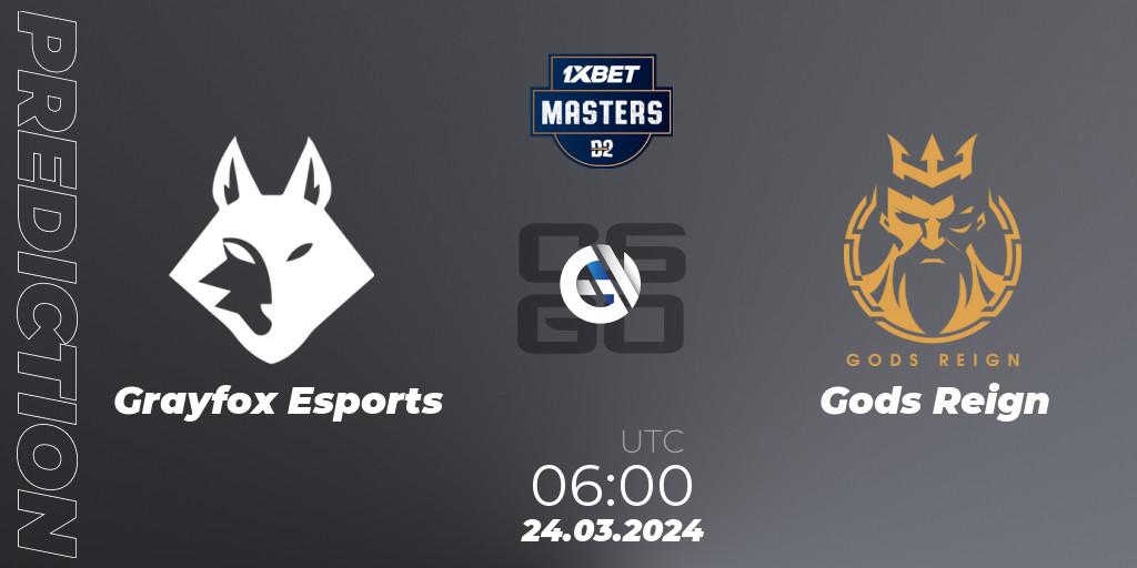 Prognose für das Spiel Grayfox Esports VS Gods Reign. 24.03.2024 at 06:00. Counter-Strike (CS2) - Dust2.in Masters #8