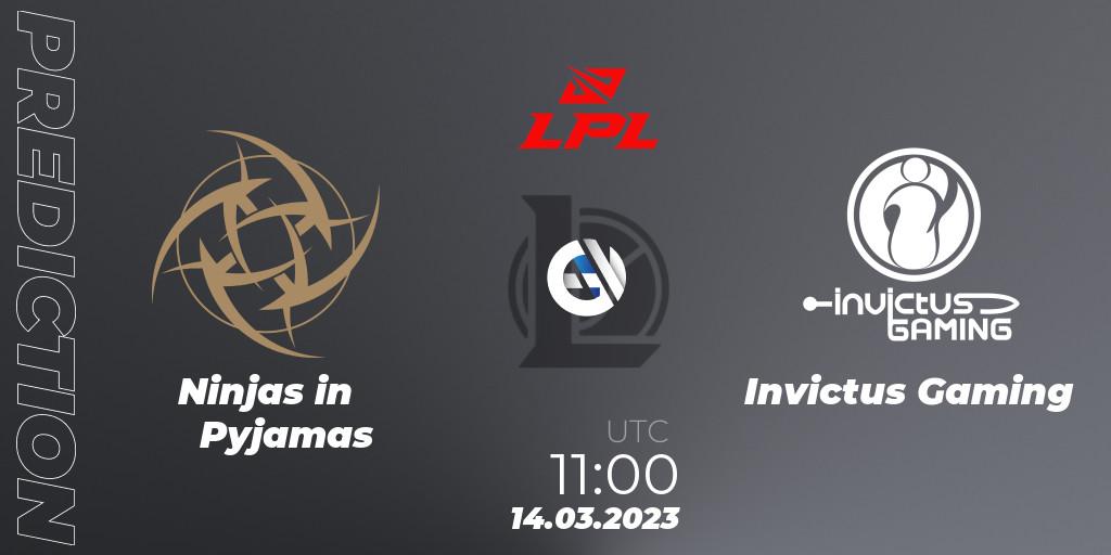 Prognose für das Spiel Ninjas in Pyjamas VS Invictus Gaming. 14.03.2023 at 11:00. LoL - LPL Spring 2023 - Group Stage
