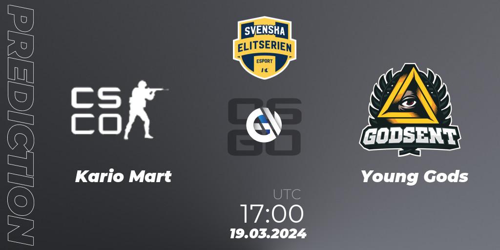 Prognose für das Spiel Kario Mart VS Young Gods. 19.03.2024 at 17:00. Counter-Strike (CS2) - Svenska Elitserien Spring 2024