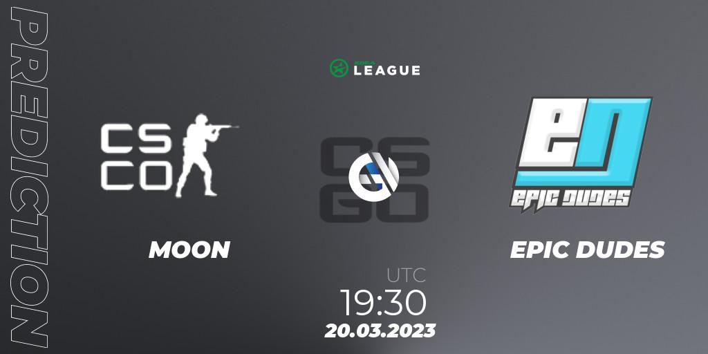 Prognose für das Spiel MOON VS EPIC DUDES. 20.03.23. CS2 (CS:GO) - ESEA Season 44: Main Division - Europe