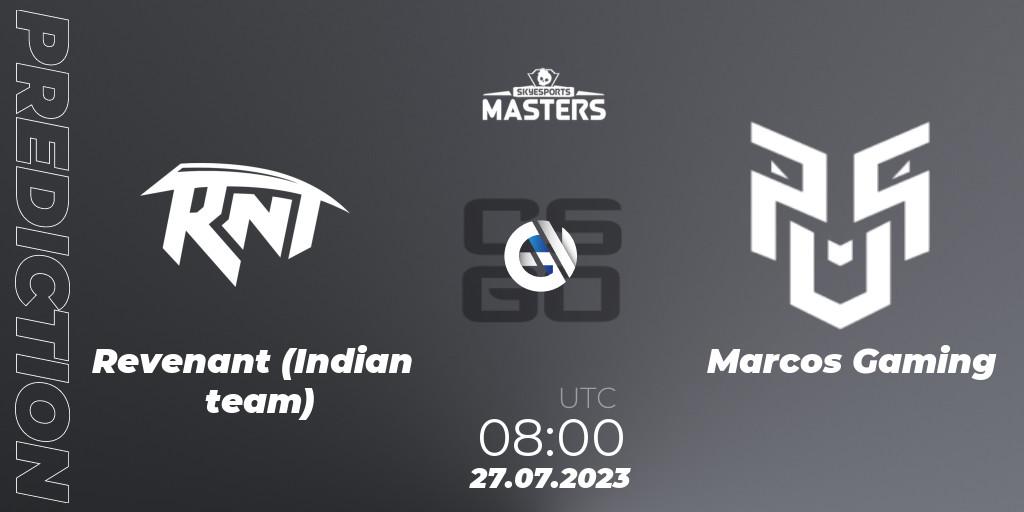 Prognose für das Spiel Revenant (Indian team) VS Marcos Gaming. 27.07.2023 at 11:00. Counter-Strike (CS2) - Skyesports Masters 2023: Regular Season